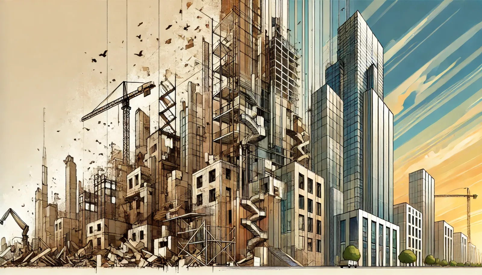 An illustration of a construction project becoming skyscrapers