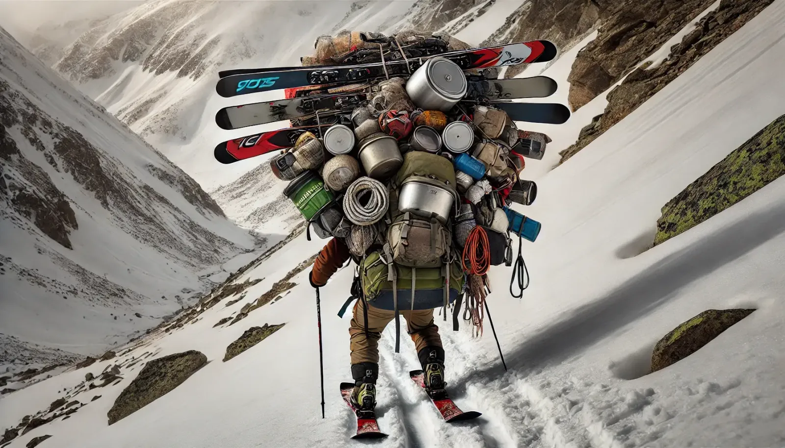 An AI-generated image of a backcountry skier carrying way too much gear