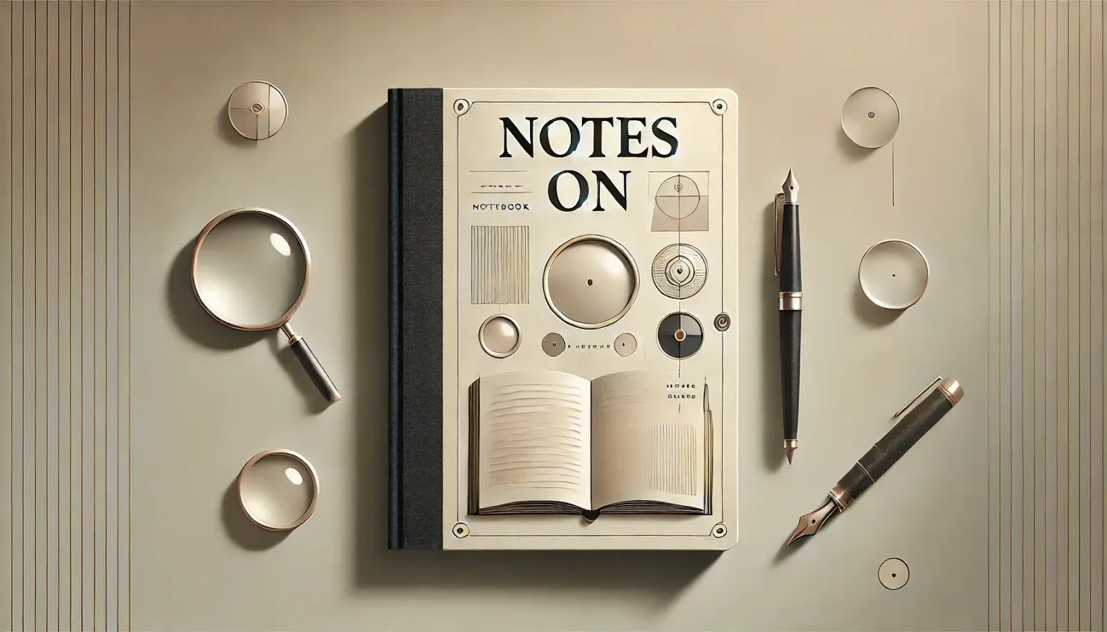 An illustration of a notebook, magnifying glass, and pens to fit the Notes On blog category