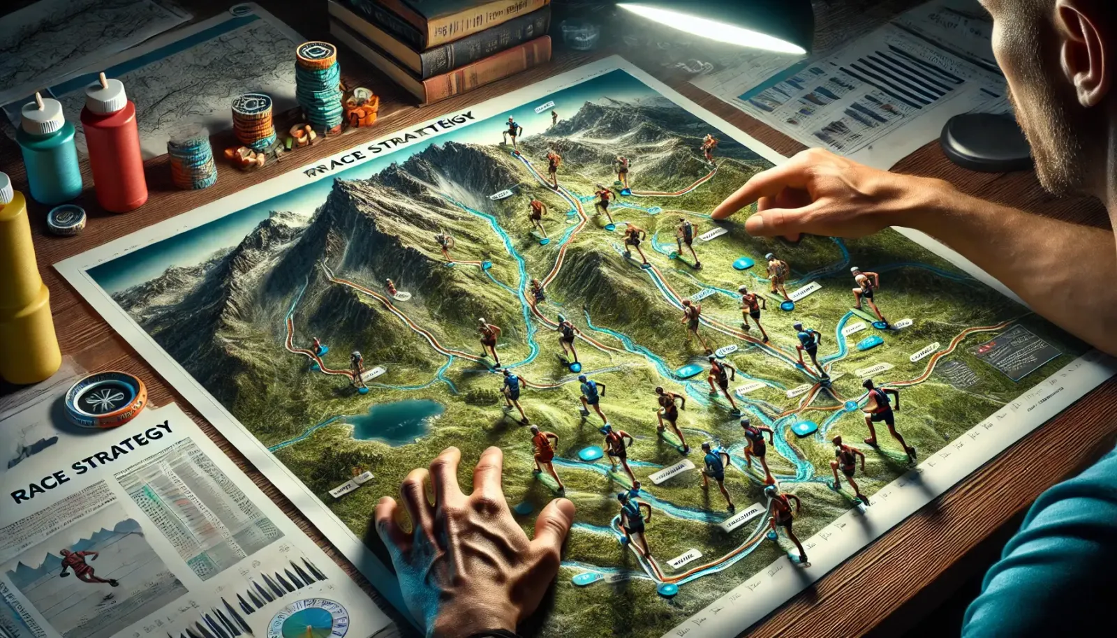 An illustration of a person at a table looking at a 3D topo map of a trail running race