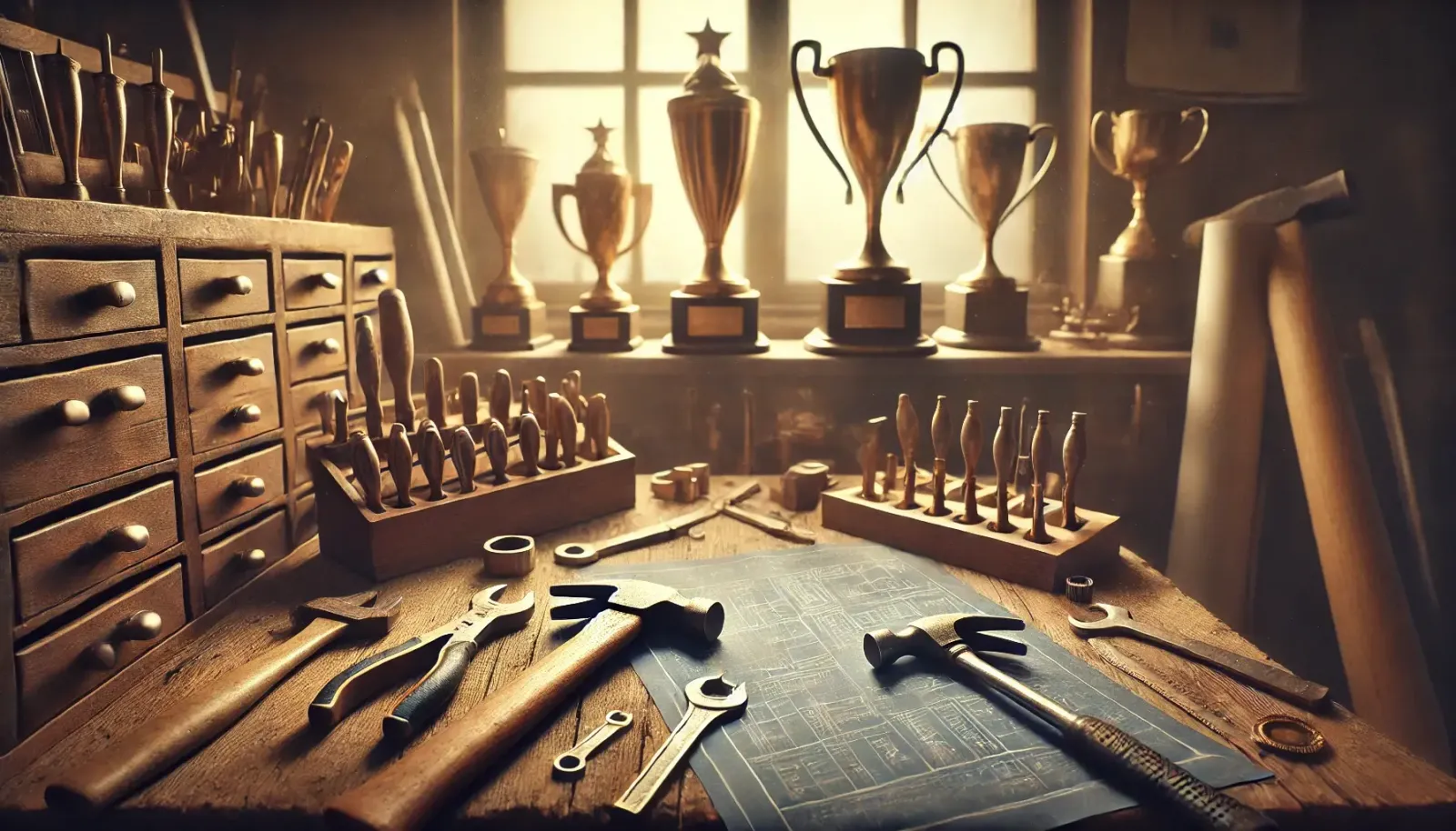 An illustration of a workbench with neatly laid out tools and trophies on a shelf in the background